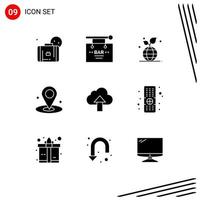 Group of 9 Solid Glyphs Signs and Symbols for upload place sign navigation globe Editable Vector Design Elements