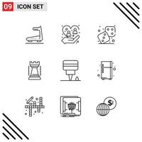 Pack of 9 Modern Outlines Signs and Symbols for Web Print Media such as engine king protection games play Editable Vector Design Elements