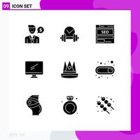 Set of 9 Vector Solid Glyphs on Grid for imac monitor website computer seo Editable Vector Design Elements