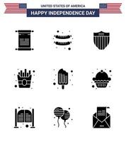 Modern Set of 9 Solid Glyphs and symbols on USA Independence Day such as ice cream cream shield cold food Editable USA Day Vector Design Elements