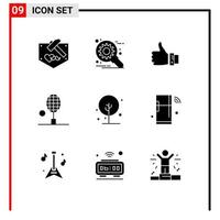 Mobile Interface Solid Glyph Set of 9 Pictograms of tennis racket like badminton solution Editable Vector Design Elements