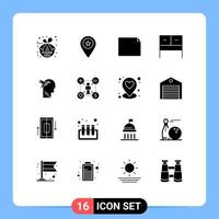 16 User Interface Solid Glyph Pack of modern Signs and Symbols of head imagination form pin table desk Editable Vector Design Elements