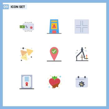 User Interface Pack of 9 Basic Flat Colors of check in nachos warning food signs Editable Vector Design Elements