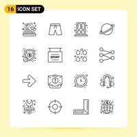 Editable Vector Line Pack of 16 Simple Outlines of money flag door moon planet Editable Vector Design Elements