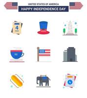 9 USA Flat Signs Independence Day Celebration Symbols of united flag monument coffee tea Editable USA Day Vector Design Elements