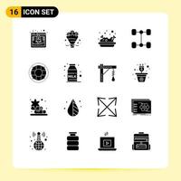 Pack of 16 creative Solid Glyphs of preserver lifebuoy food life vehicles Editable Vector Design Elements