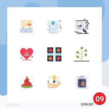 User Interface Pack of 9 Basic Flat Colors of game american key love security Editable Vector Design Elements