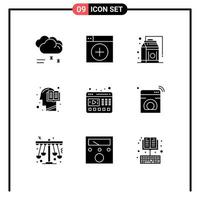 Mobile Interface Solid Glyph Set of 9 Pictograms of mind head app education food Editable Vector Design Elements