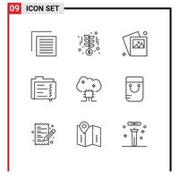 Pack of 9 Modern Outlines Signs and Symbols for Web Print Media such as cloud database folder gallery file data Editable Vector Design Elements