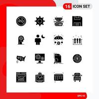 User Interface Pack of 16 Basic Solid Glyphs of human focus balance concentration save Editable Vector Design Elements