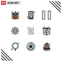 Pack of 9 creative Filledline Flat Colors of flipchart work task pause to do list wheel Editable Vector Design Elements