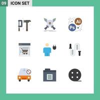 grupo de 9 signos y símbolos de colores planos para elementos de diseño de vectores editables de arte de carro de compras de escudo de tienda web corporal