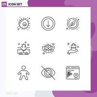 Set of 9 Vector Outlines on Grid for masquerade carnival leaf insurance crash Editable Vector Design Elements