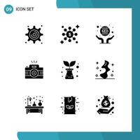 Set of 9 Commercial Solid Glyphs pack for nature image marketing picture photography Editable Vector Design Elements