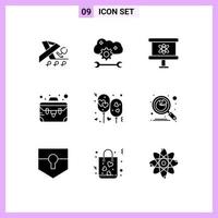 Universal Icon Symbols Group of 9 Modern Solid Glyphs of balloon suitcase cloud sync settings case space Editable Vector Design Elements