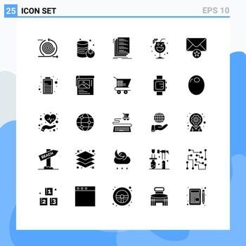 conjunto de pictogramas de 25 glifos sólidos simples de mensaje código de bebida lista de fiestas elementos de diseño vectorial editables vector