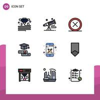 Pack of 9 creative Filledline Flat Colors of graduation cap space books exit Editable Vector Design Elements