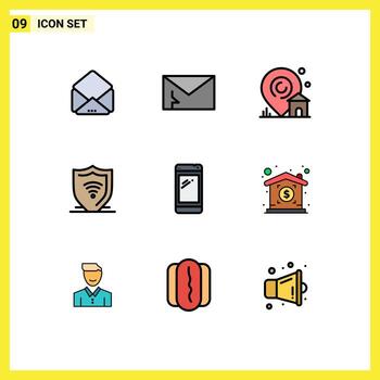 Pack of 9 Modern Filledline Flat Colors Signs and Symbols for Web Print Media such as smart phone shield location protect internet Editable Vector Design Elements