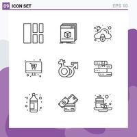 Pack of 9 creative Outlines of gender shop program shopping security Editable Vector Design Elements