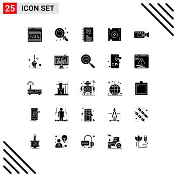 Set of 25 Commercial Solid Glyphs pack for camera processor chip cinema processor cpu Editable Vector Design Elements