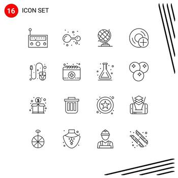 grupo de símbolos de iconos universales de 16 contornos modernos de dispositivos de mouse, computadoras de discos terrestres, elementos de diseño de vectores editables