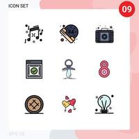 Mobile Interface Filledline Flat Color Set of 9 Pictograms of nipple dummy kit baby web Editable Vector Design Elements