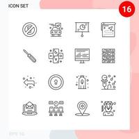 Pack of 16 Modern Outlines Signs and Symbols for Web Print Media such as screw destination business target map Editable Vector Design Elements