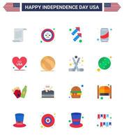 Pack of 16 creative USA Independence Day related Flats of heart soda badge can shoot Editable USA Day Vector Design Elements