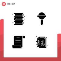 Mobile Interface Solid Glyph Set of 4 Pictograms of books log learning sound documents Editable Vector Design Elements