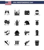 4th July USA Happy Independence Day Icon Symbols Group of 16 Modern Solid Glyphs of celebrate usa calender american burger Editable USA Day Vector Design Elements