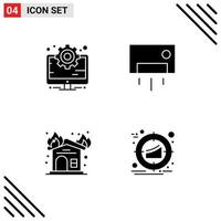 Mobile Interface Solid Glyph Set of 4 Pictograms of business fire setting home interior Editable Vector Design Elements