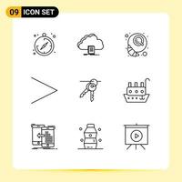 Editable Vector Line Pack of 9 Simple Outlines of room hotel breakfast right arrow Editable Vector Design Elements