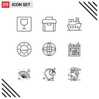 Set of 9 Vector Outlines on Grid for spanner internet steamboat globe porthole Editable Vector Design Elements