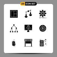 Modern Set of 9 Solid Glyphs Pictograph of screen topology atom social nuclear Editable Vector Design Elements