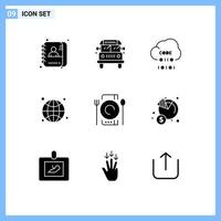 Conjunto de 9 glifos sólidos universales para aplicaciones web y móviles que ofrecen codificación en vivo elementos de diseño de vectores editables globales de Internet