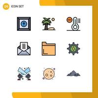 9 Universal Filledline Flat Color Signs Symbols of gear folder decrease file message envelope Editable Vector Design Elements