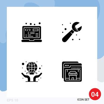 Group of 4 Solid Glyphs Signs and Symbols for coding globe html plumbing world wide Editable Vector Design Elements