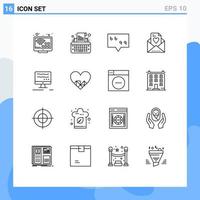 Mobile Interface Outline Set of 16 Pictograms of heart online bubble computer love Editable Vector Design Elements