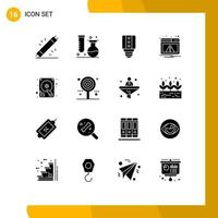 Pack of 16 Modern Solid Glyphs Signs and Symbols for Web Print Media such as disk notification science alert light Editable Vector Design Elements