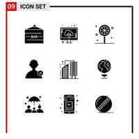 Universal Icon Symbols Group of 9 Modern Solid Glyphs of city buildings upload user delete Editable Vector Design Elements