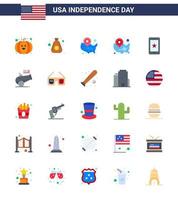 Editable Vector Flat Pack of USA Day 25 Simple Flats of cannon ireland states cell mobile Editable USA Day Vector Design Elements