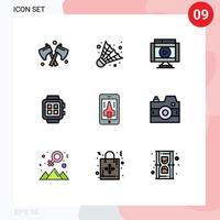 Filledline Flat Color Pack of 9 Universal Symbols of playing watch multimedia technology home Editable Vector Design Elements