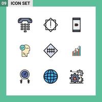 9 colores planos universales de línea de llenado establecidos para aplicaciones web y móviles cerca de la carretera cerca de la cerca cabeza de pensamiento sin efectivo elementos de diseño vectorial editables vector