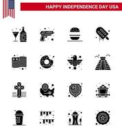 Happy Independence Day 4th July Set of 16 Solid Glyphs American Pictograph of country american weapon cream usa Editable USA Day Vector Design Elements