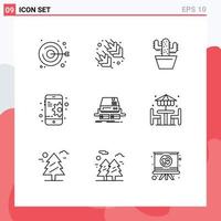 Group of 9 Modern Outlines Set for pad game nature console gear Editable Vector Design Elements