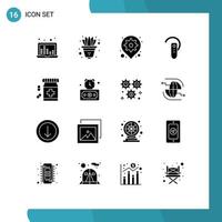 Mobile Interface Solid Glyph Set of 16 Pictograms of headset ear gear bluetooth setting Editable Vector Design Elements