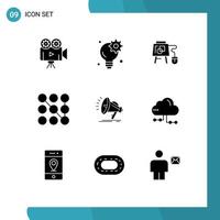 Set of 9 Vector Solid Glyphs on Grid for audio speaker mouse security lock Editable Vector Design Elements