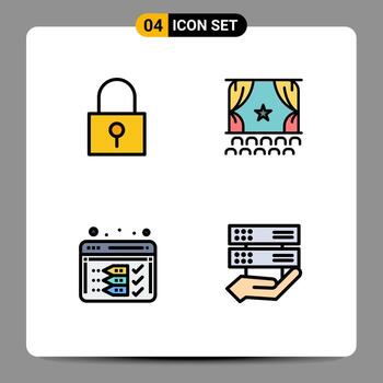 conjunto de color plano de línea de relleno de interfaz móvil de 4 pictogramas de análisis de bloqueo película de contraseña segura optimizar elementos de diseño vectorial editables vector