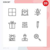 Pack of 9 Modern Outlines Signs and Symbols for Web Print Media such as bag pencil gift pen user Editable Vector Design Elements