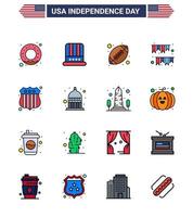 16 estados unidos línea plana llena signos celebración del día de la independencia símbolos de investigar fiesta rugby decoración guirnalda editable día de estados unidos elementos de diseño vectorial vector